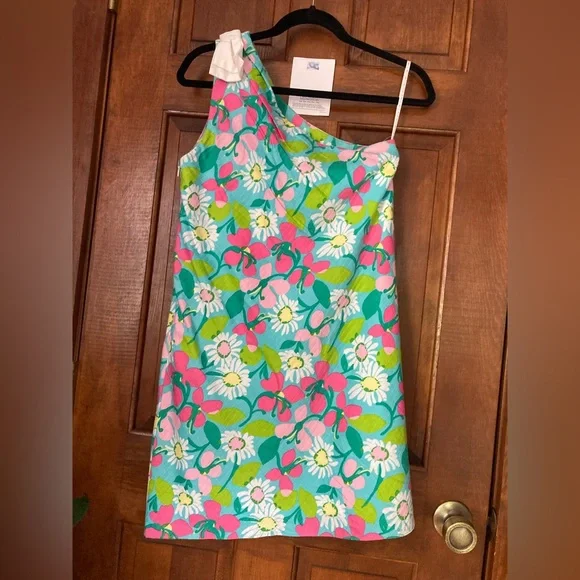 🌸Lilly Pulitzer Dress Girls 16 One Shoulder Shorely Blue Portrait of a Picnic - Picture 1 of 12